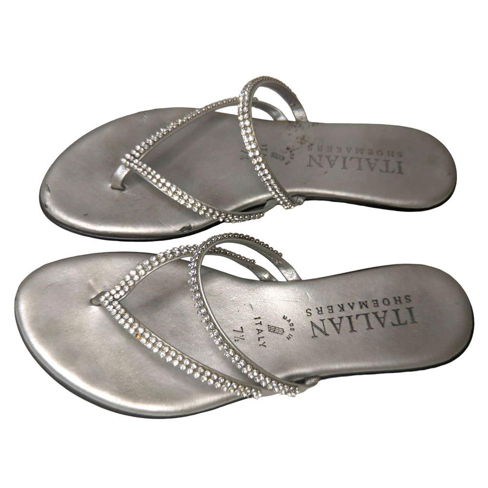 Italian Shoemakers Flat Embelished Rhinestones Sandals Silver Slip-on Thongs 7.5